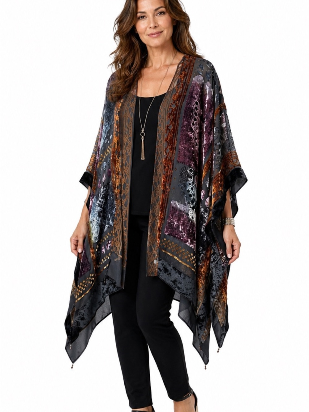 Kay Unger Velvet Burnout Kimono Sheer Mesh Whimsygoth Maximalist Open Front OS